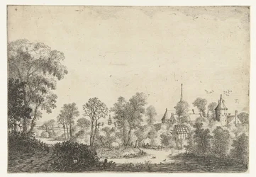 Landschap met gezicht op dorp en man in boot