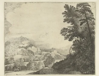 Landschap met schaap op heuvel en bomen