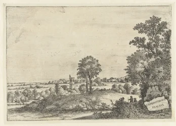 Landschap met twee mannen op een zandweg en gezicht op een dorp