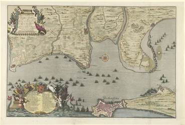 Kaart van de landing en expeditie van de Geallieerden bij Cadiz, 1702