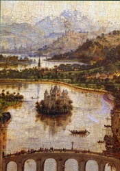 Landschap (detail) van “De Maagd van Kanselier Rolin” Nicolas Rolin (1376-1461) was kanselier van Bourgondië onder Filips de Goede en oprichter van de Hospices de Beaune in 1443. Schilderij door Jan van Eyck (1390-1441)