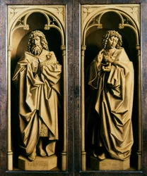 Het Lam Gods. Aanbidding van het Mystieke Lam: Johannes de Doper en Johannes de Evangelist, 1432
