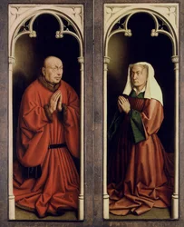 Het Lam Gods. Aanbidding van het mystieke lam: Joos Vijd en Elisabeth Borluut, 1432