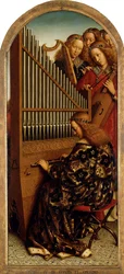 Het Lam Gods. Aanbidding van het Mystieke Lam: musicerende engelen, 1432.