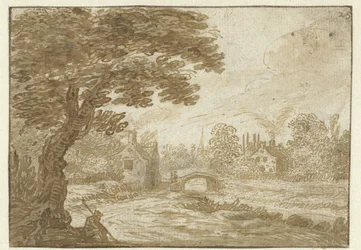 Landschap met huizen en een bruggetje