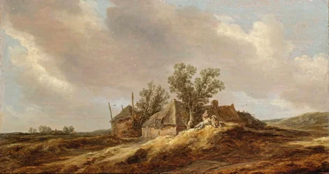 Een uitgestrekt duinlandschap met boeren die uitrusten voor een boerderij