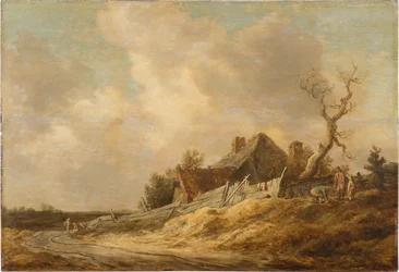 Zandweg met boerderij en houten schutting