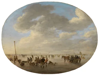 Nederlands vlak landschap met schaatsers