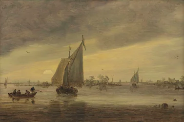 Zonsopgang over de Haarlemmermeer met een schippersschip en andere boten