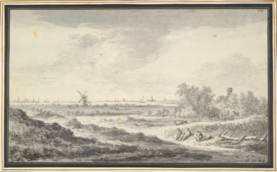 Uitzicht op een rivier met duinen op de voorgrond