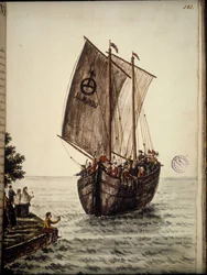 Boot van de pelgrims. Aquarel en inkt uit het manuscript 
