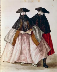 Carnavalfiguren in Venetië, illustratie uit Geïllustreerd boek van Venetiaanse kostuums, door Jan Grevenbroeck, aquarel, Italië