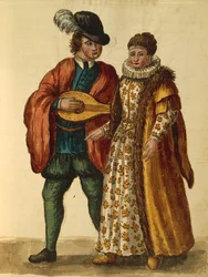 Gli Abiti de Veneziani, geïllustreerd boek van kostuums en maskers, aquarel