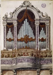 Weeskinderen zingen, orgel van het koor van de kerk van het Ospedale della Pietà, Venetië