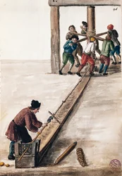 Verwerking van staven voor munt, illustratie uit Geïllustreerd boek van Venetiaanse kostuums, door Jan Grevenbroeck (1731-1807), aquarel, Italië