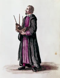 Voorstelling van een scheepsarchitect, hij hield in zijn handen het miniatuurmodel van het schip dat hij bouwde (detail). Aquarel en inkttekening uit het manuscript “Gewoonten van de Venetianen” door Jan van Grevenbroeck (of Giovanni Grevembroch) (1731-180