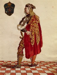 Kostuum van ridder van de Broederschap de la Calza (Stocking) in 1564, uit Gli Abiti de Veneziani, geïllustreerd kostuumboek, aquarel