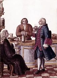 Venetiaanse edelen bij koffie, een van hen geniet van een chocolade. Aquarel en inkt uit het manuscript 