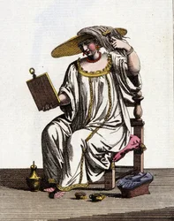 Venetiaanse vrouwenmethode om hun haar in de zon te verlichten in de 17e - 18e eeuw. Aquareltekening en inkt uit het manuscript “Gewoonten van de Venetianen” door Jan van Grevenbroeck (of Giovanni Grevembroch (Grevenbroch) (1731-1807)