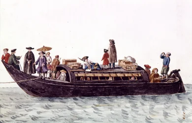 Lagune boot van Venetië voor transport van mensen en goederen. Aquarel tekening en inkt uit het manuscript 