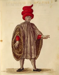 Jonge man gekleed in "Dogalina", formeel gewaad met wijde mouwen, Gli Abiti de Veneziani, uit geïllustreerd boek van kostuums