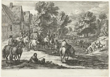 Gezicht op een dorp met ruiters op de voorgrond