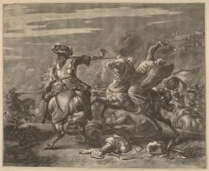 Een ruiter schiet een Turk van zijn paard