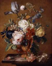Bloemen in een vaas. Schilderij van Jan van Huysum (1682-1749) Privécollectie.