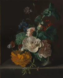 Bloemstilleven met stokroos en goudsbloem