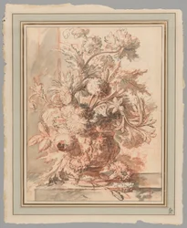 Bloemen in een Urn Versierd met Putti, op een Sokkel