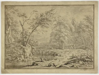 Landschap met herders bij rivier en man te paard