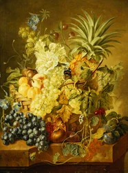 Pruimen, een Perzik, Druiven, een Meloen, een Ananas, een Vijg, Aalbessen, Kersen en Bloemen in een Mand, en Druiven, een Granaatappel, Pruimen en een Vijg, met Vlinders op een Stenen Rand
