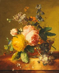 Rozen en andere Bloemen in een Mand op een Marmeren Rand, ca. 1742