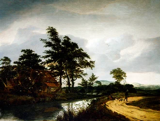 Een Rivierlandschap met een Huisje, Twee Boeren en hun Hond