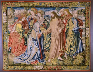 Vlaamse wandtapijt. Serie Hemel van Karel V. Christus neemt afscheid van zijn moeder. Cartonist Jan van Coninxloo. Fabriek van Julien Portois, Mechelen. Ca 1521.
