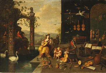 Een Personificatie van Muziek: Een Jonge Vrouw die een Luit Speelt op een Terras voor een Open Galerij