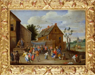 Een bruiloftsfeest in een binnenplaats van een herberg