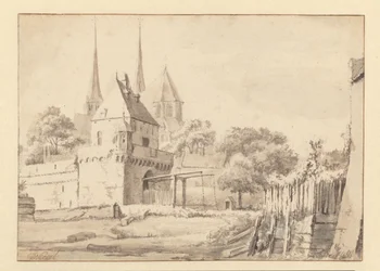 Gezicht op de Bergpoort en Bergkerk in Deventer