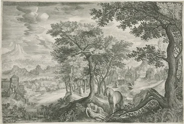 Berglandschap met de barmhartige Samaritaan