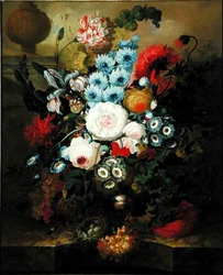 Anjers, Winde, Rozen, Aurikels, Hyacint en Andere Bloemen met een Vogelnest op een Marmeren Rand