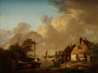 Rivierlandschap met dorp, schuiten en boeren