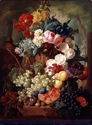 Rozen, een Iris en een Klaproos