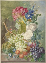 Stilleven met bloemen en fruit