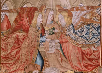 Vlaamse wandtapijt. Serie Episodes uit het Leven van de Maagd; Presentatie in de Tempel. Tweede wandtapijt in de serie. Modellen Toegeschreven aan Jan van Roome (of van Brussel). Fabrikant Pieter van Aelst, Brussel. Ca 1502-1504.