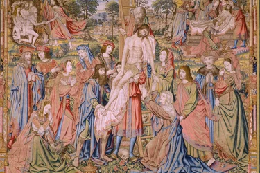 Vlaamse wandtapijt. Serie De passie van Christus: Kruisafneming. Fabrikant Pieter van Aelst. Cartonist Jan van Roome. Ca 1507-1520. (detail)