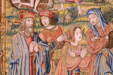 Vlaamse wandtapijt. Serie De passie van Christus: Kruisafneming. Fabrikant Pieter van Aelst. Cartonist Jan van Roome. Ca 1507-1520. Detail.