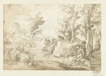 Landschap met een figuur zittend bij een waterput