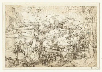 Landschap met rotsen, figuren en een zeilschip