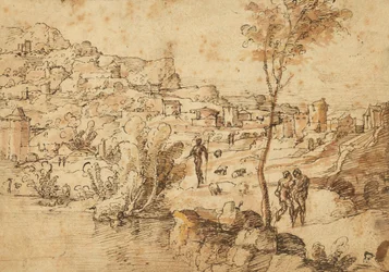 Landschap met herders bij een rivier en een stad erachter (recto); Figuurstudies en Romeinse ruïnes (verso)