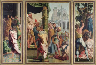 De preek, arrestatie en martelaarschap van St. Jacobus de Meerdere, van het Polyptiek van St. Stefanus en St. Jacobus de Meerdere, c.1541